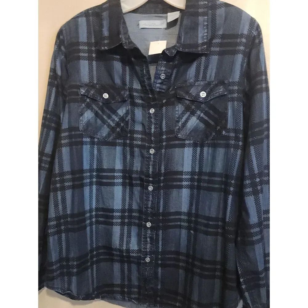 U54 Keren Hart Blue & Black Button Up Long Sleeve Plaid Shirt